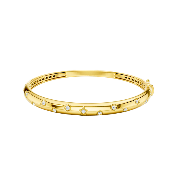 A bold, high-polish 14k yellow gold statement bangle by Amorati featuring scattered star and geometric insets with shimmering round-cut lab-grown diamonds. Amorati’s signature F O U R T E E N T H Collection