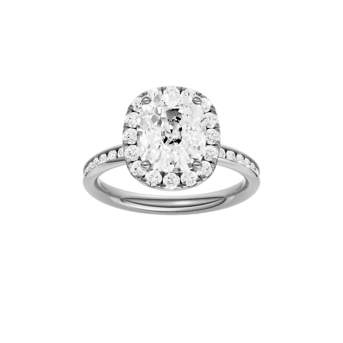 Platinum oval halo engagement ring featuring a brilliant oval center diamond surrounded by a round diamond halo with a channel set diamond band and cathedral setting, front view.