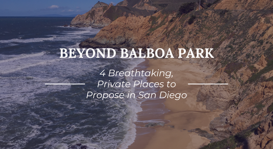 Rocky San Diego coastline overlooking a secluded beach with the title "Beyond Balboa Park: 4 Breathtaking, Private Places to Propose in San Diego," featuring scenic engagement proposal locations.