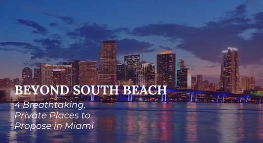 Miami skyline at sunset overlooking Biscayne Bay with text promoting "Beyond South Beach: 4 Breathtaking, Private Places to Propose in Miami," preview image for a luxury jewelry engagement proposal guide.