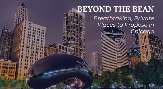Chicago skyline at night featuring Cloud Gate ("The Bean") in Millennium Park with the title "Beyond the Bean: 4 Breathtaking, Private Places to Propose in Chicago," showcasing scenic engagement proposal locations.