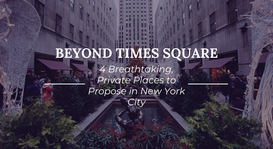 Rockefeller Center promenade in New York City with seasonal decorations and the title "Beyond Times Square: 4 Breathtaking, Private Places to Propose in New York City," featured image for a luxury jewelry engagement proposal guide.