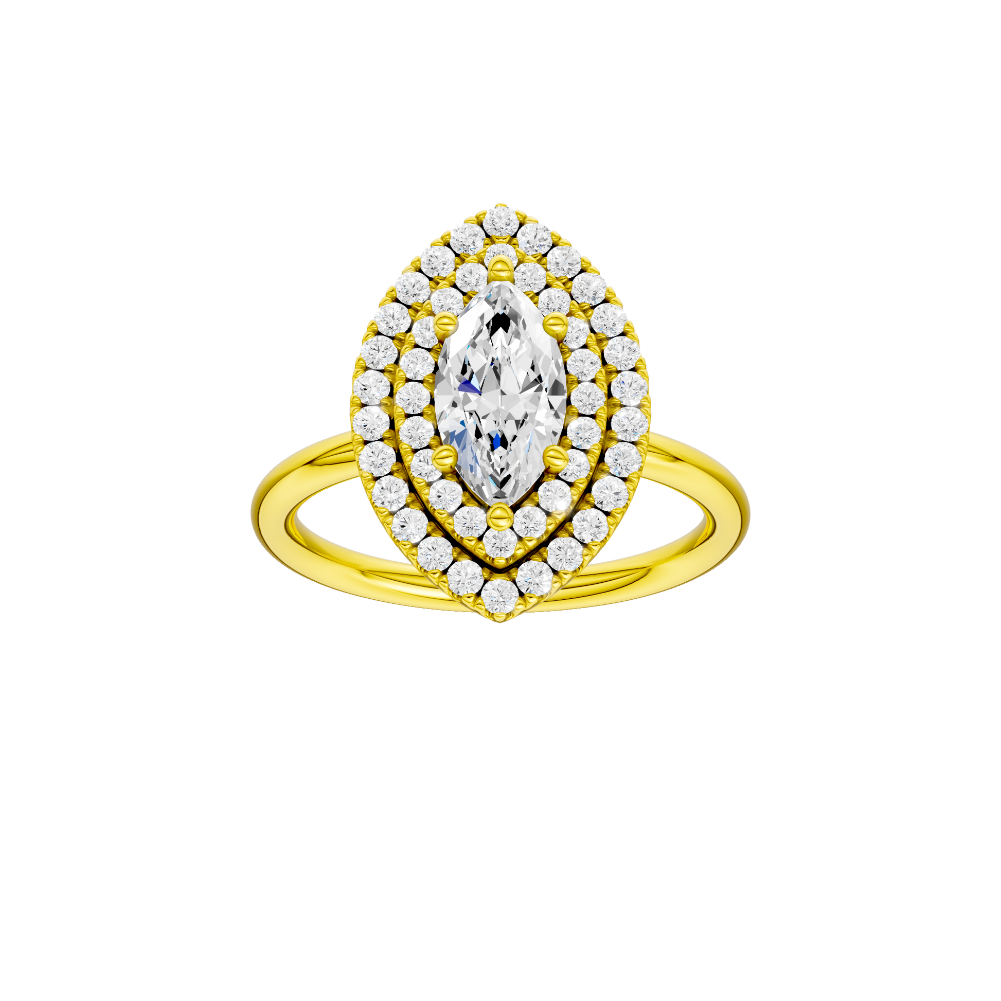Marquise-cut diamond engagement ring with a plain band and double-halo setting.