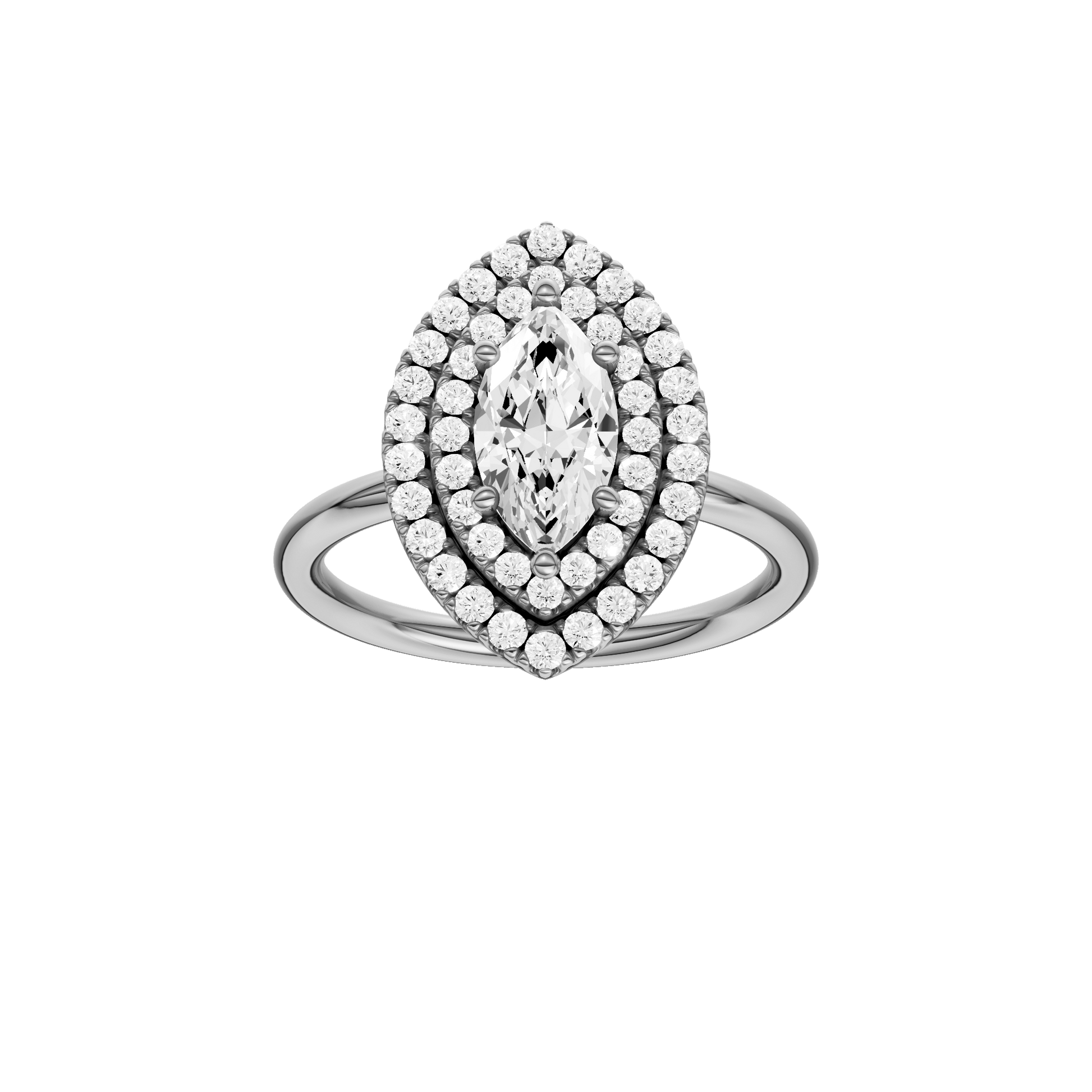 Marquise-cut diamond engagement ring with a plain band and double-halo setting.