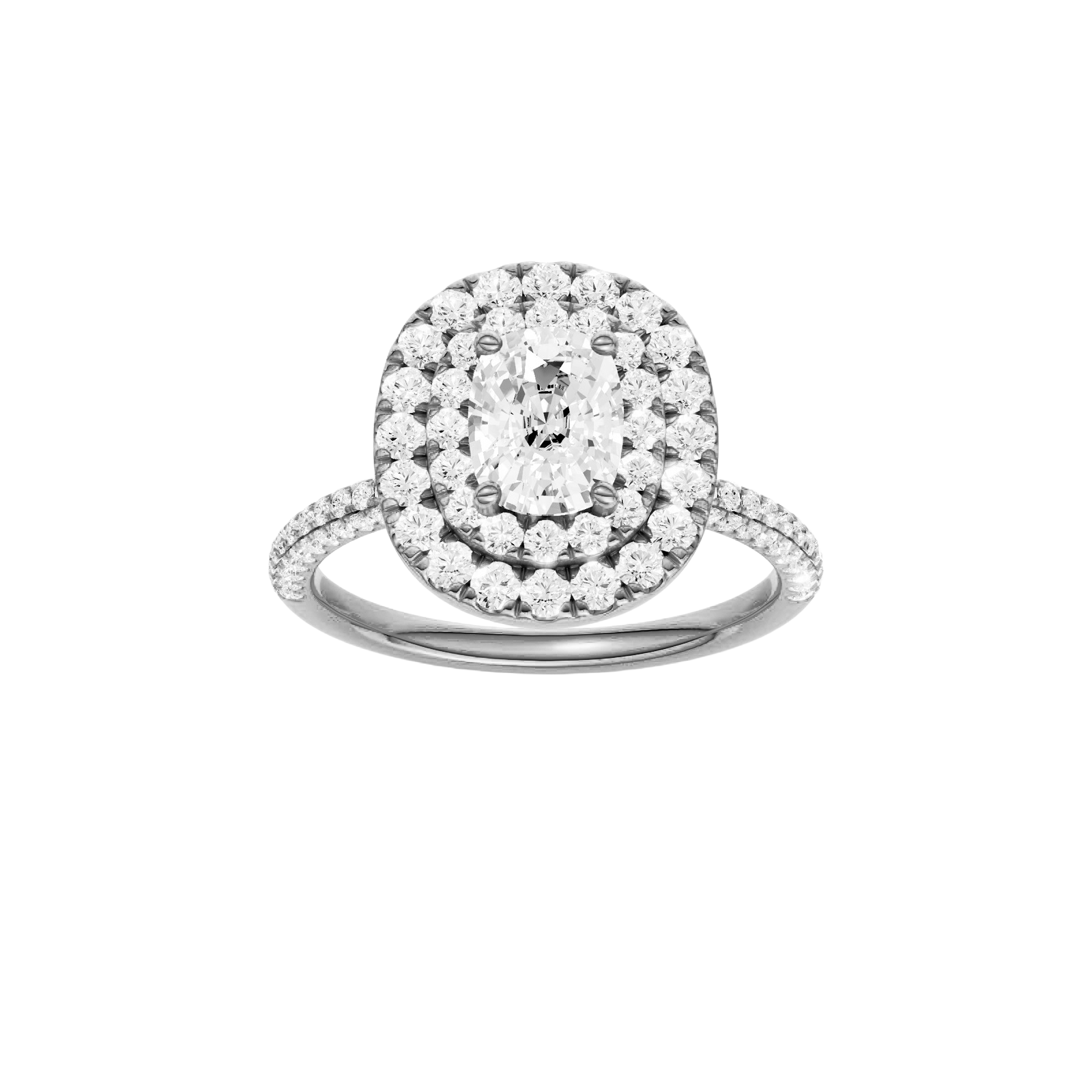 Elongated cushion-cut diamond engagement ring with a pavé-set diamond band and double-halo setting.
