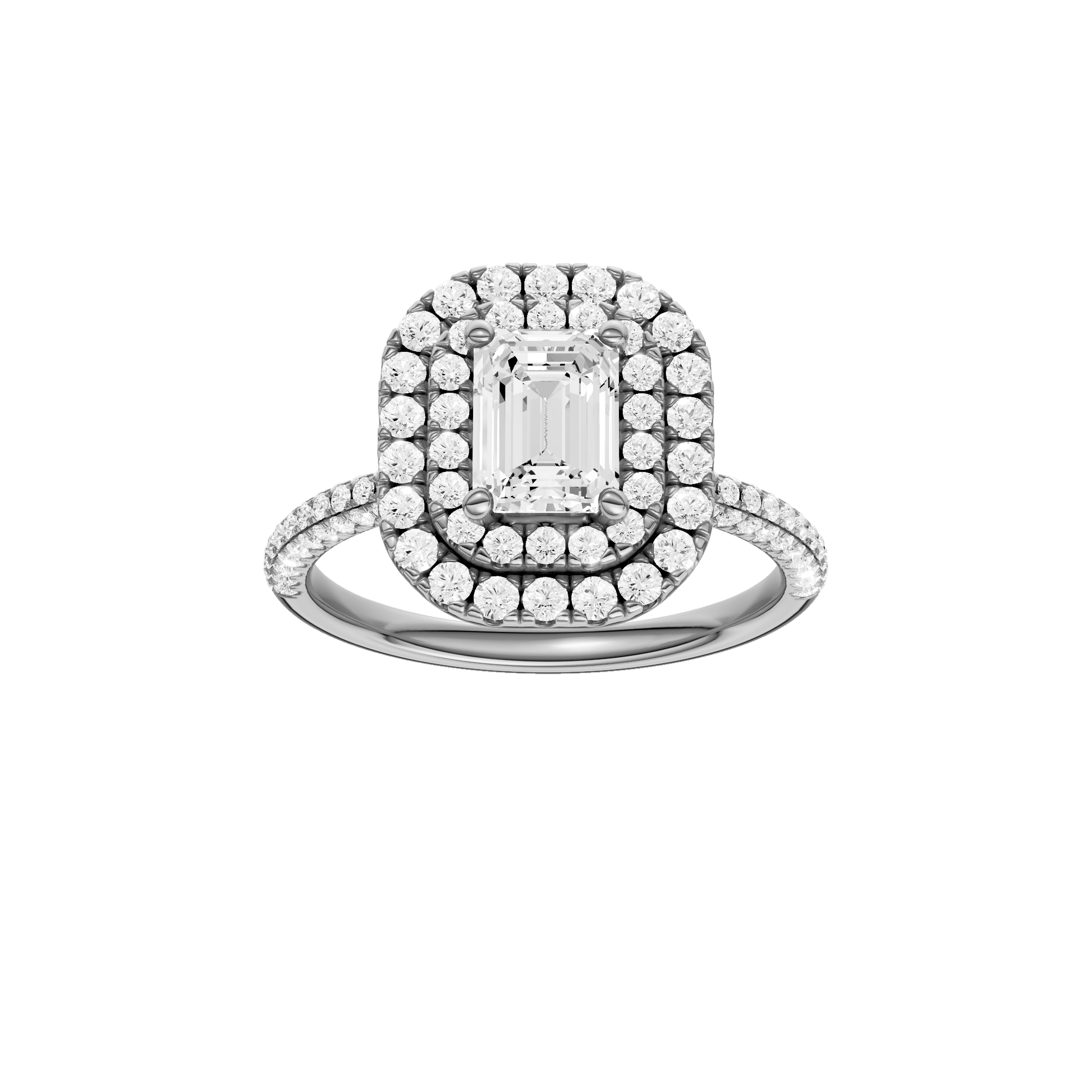 Emerald-cut diamond engagement ring with a pavé-set diamond band and double-halo setting.