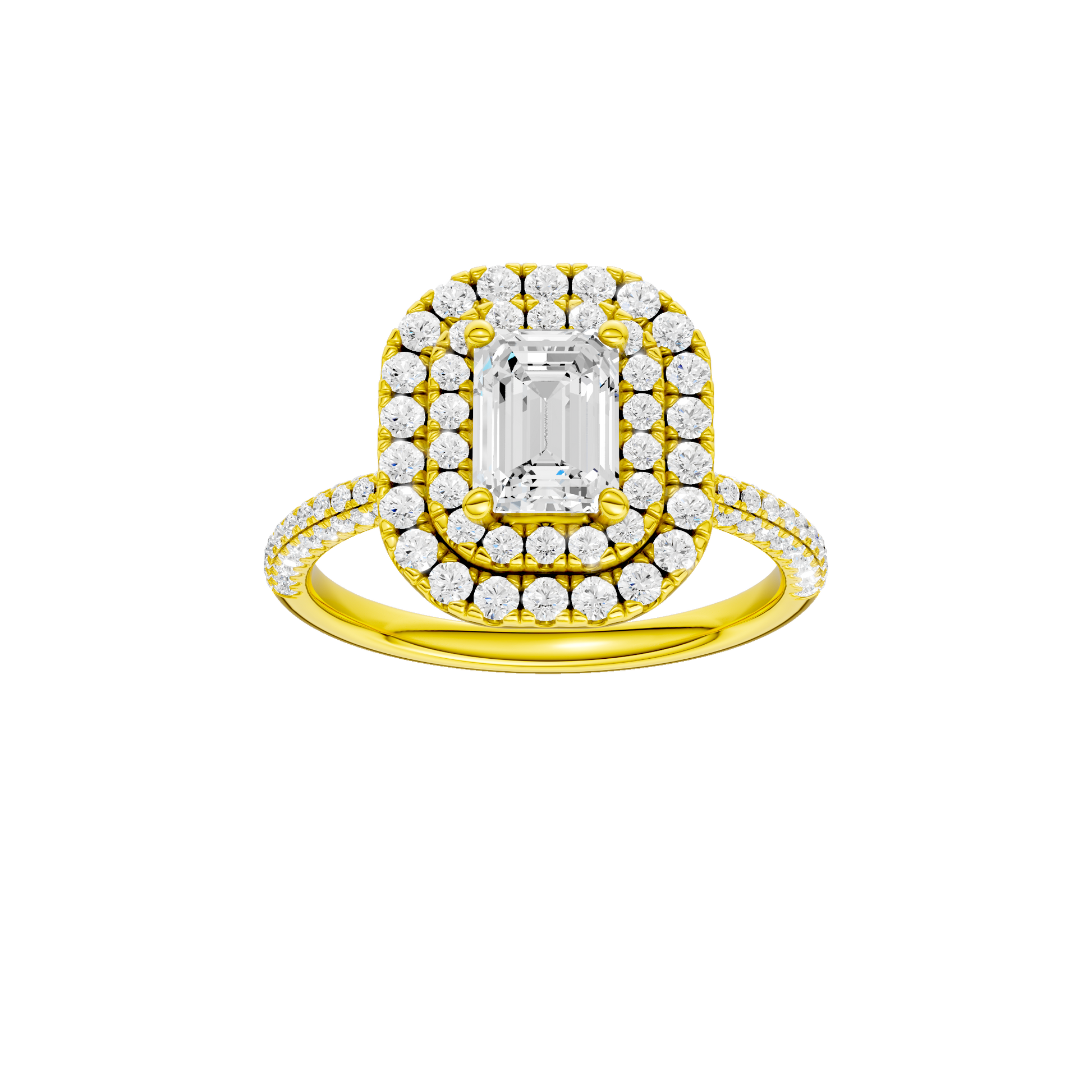 Emerald-cut diamond engagement ring with a pavé-set diamond band and double-halo setting.