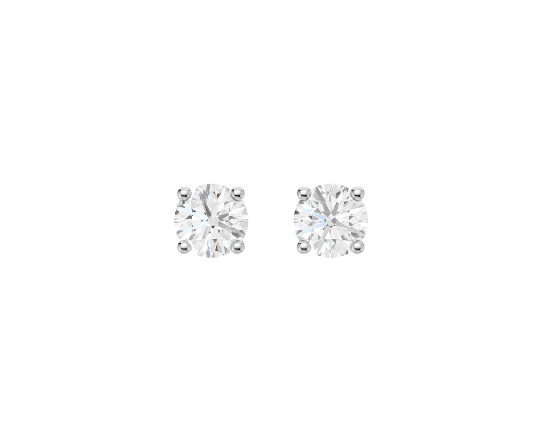 A pair of white gold stud earrings, each featuring a brilliant-cut diamond held in a classic four-prong setting, presented against a dark, transparent checkerboard background.