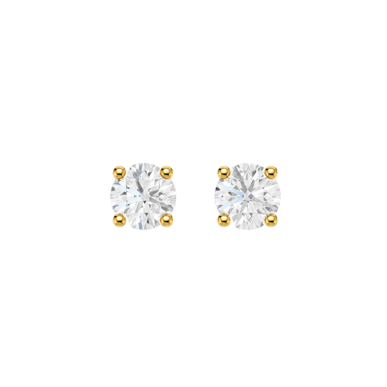 A pair of yellow gold stud earrings, each featuring a brilliant-cut diamond held in a classic four-prong setting, presented against a dark, transparent checkerboard background.