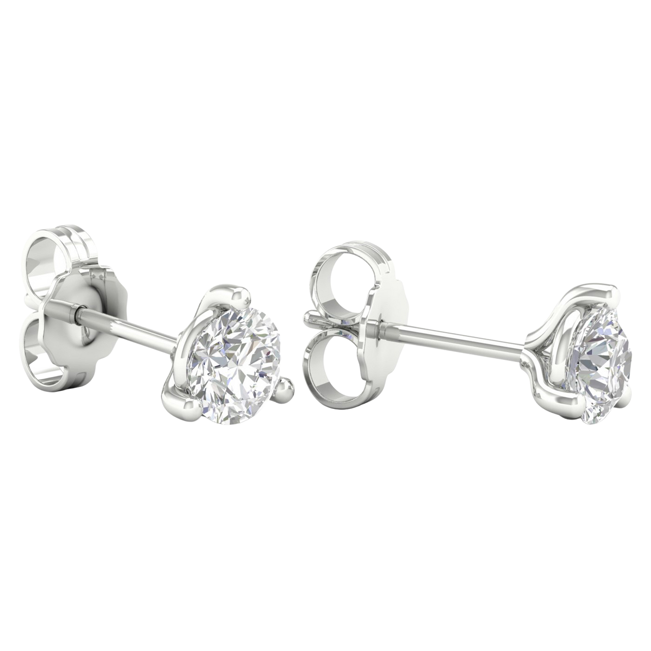A pair of white gold or platinum stud earrings, each featuring a single brilliant-cut diamond held in a three-prong setting, displayed against a dark, transparent checkerboard background.