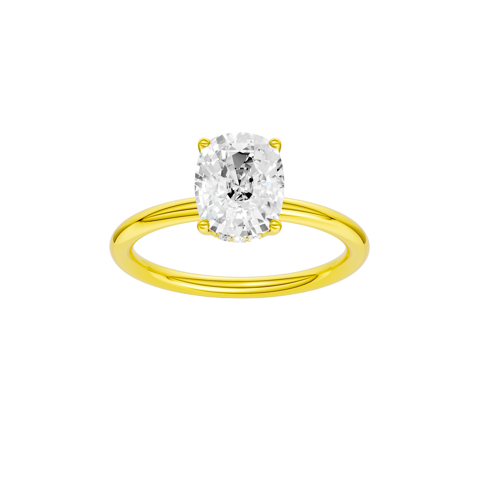 Elongated cushion-cut diamond engagement ring in 14k yellow gold with a plain band and hidden-halo setting