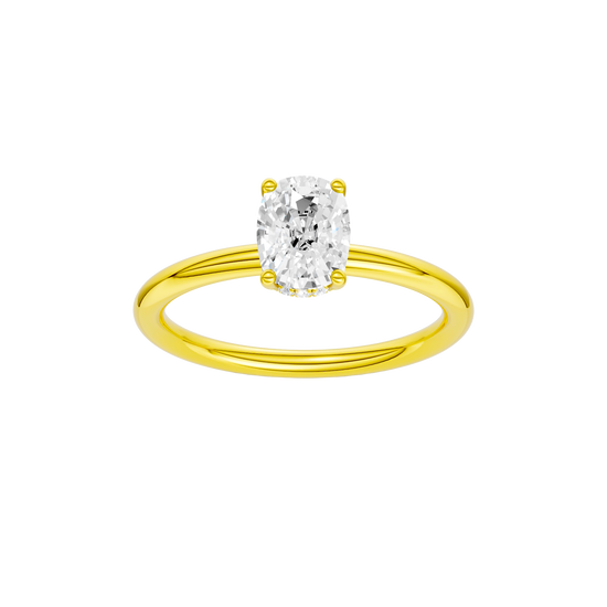 Elongated cushion-cut diamond engagement ring in 14k yellow gold with a plain band and hidden-halo setting