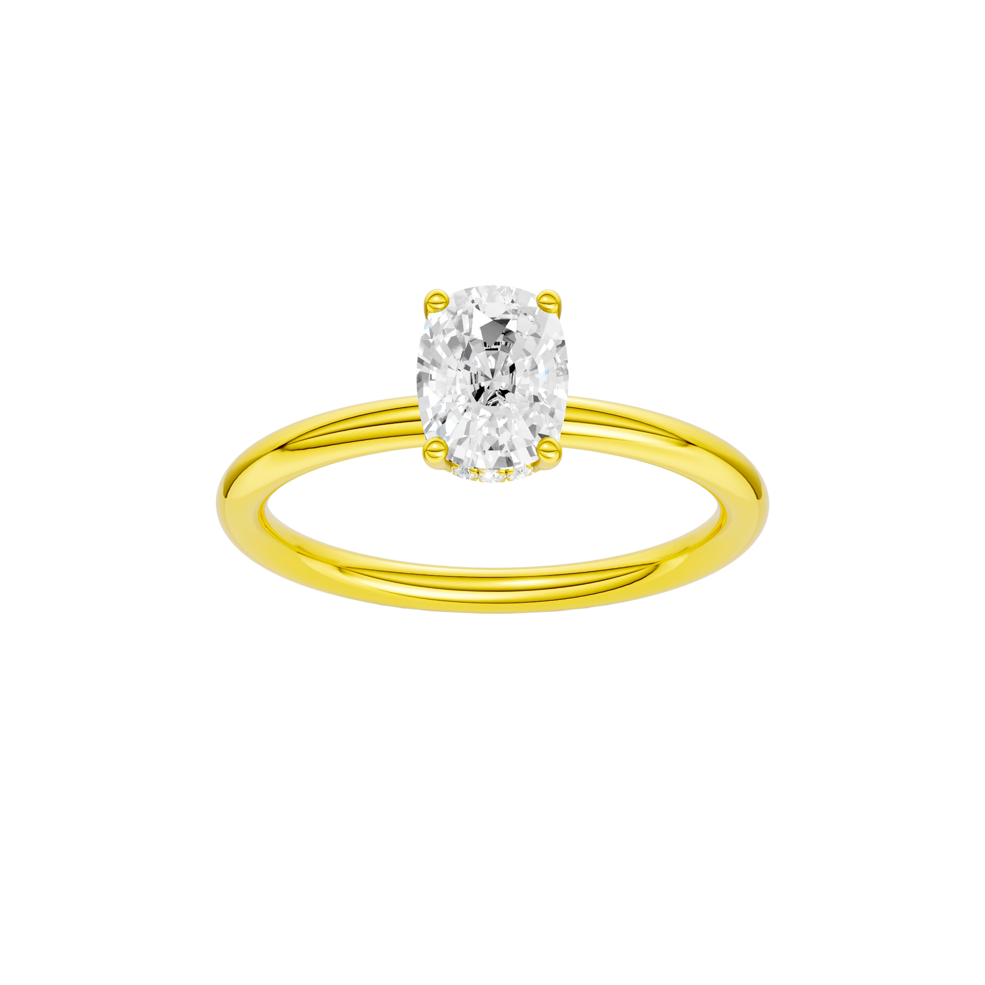 Elongated cushion-cut diamond engagement ring in 14k yellow gold with a plain band and hidden-halo setting