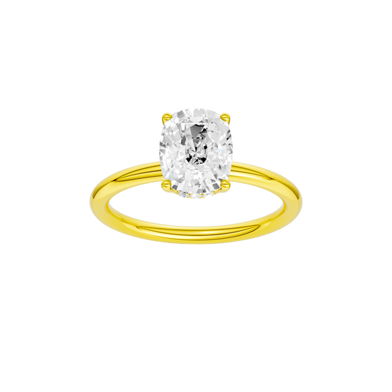 Elongated cushion-cut diamond engagement ring in 14k yellow gold with a plain band and hidden-halo setting