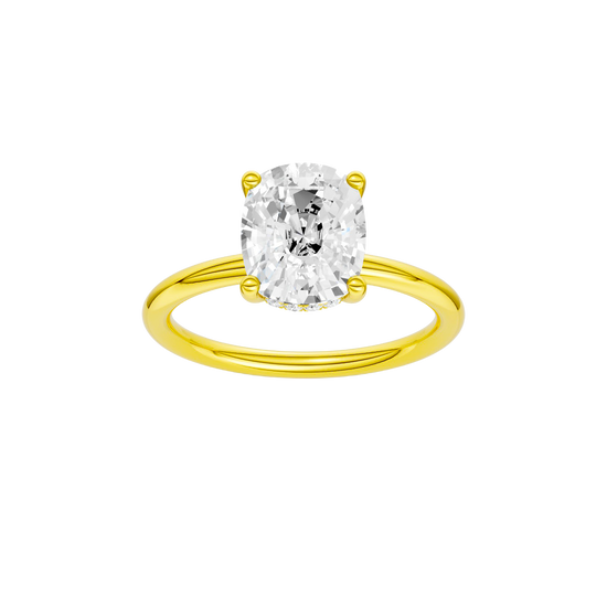 Elongated cushion-cut diamond engagement ring in 14k yellow gold with a plain band and hidden-halo setting