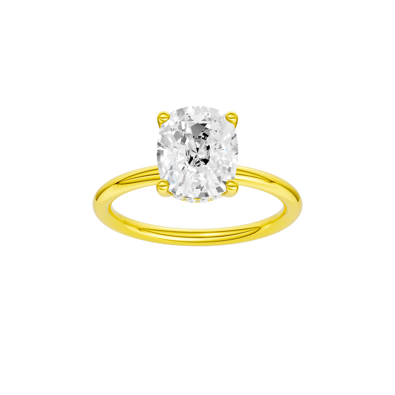Elongated cushion-cut diamond engagement ring in 14k yellow gold with a plain band and hidden-halo setting