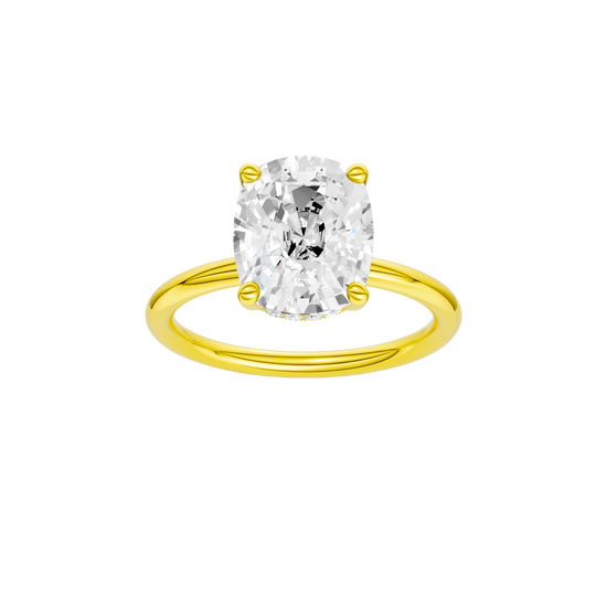 Elongated cushion-cut diamond engagement ring in 14k yellow gold with a plain band and hidden-halo setting