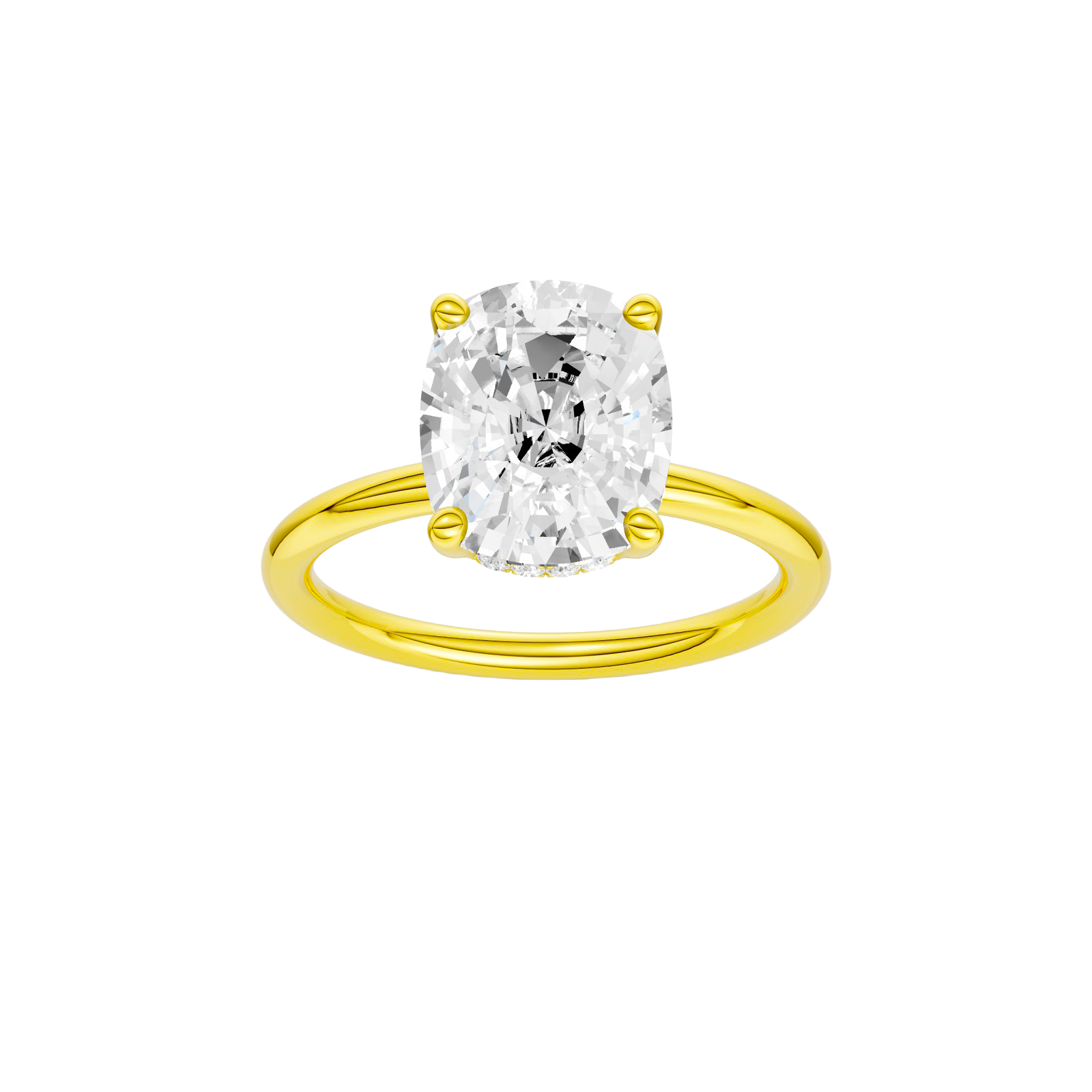 Elongated cushion-cut diamond engagement ring in 14k yellow gold with a plain band and hidden-halo setting