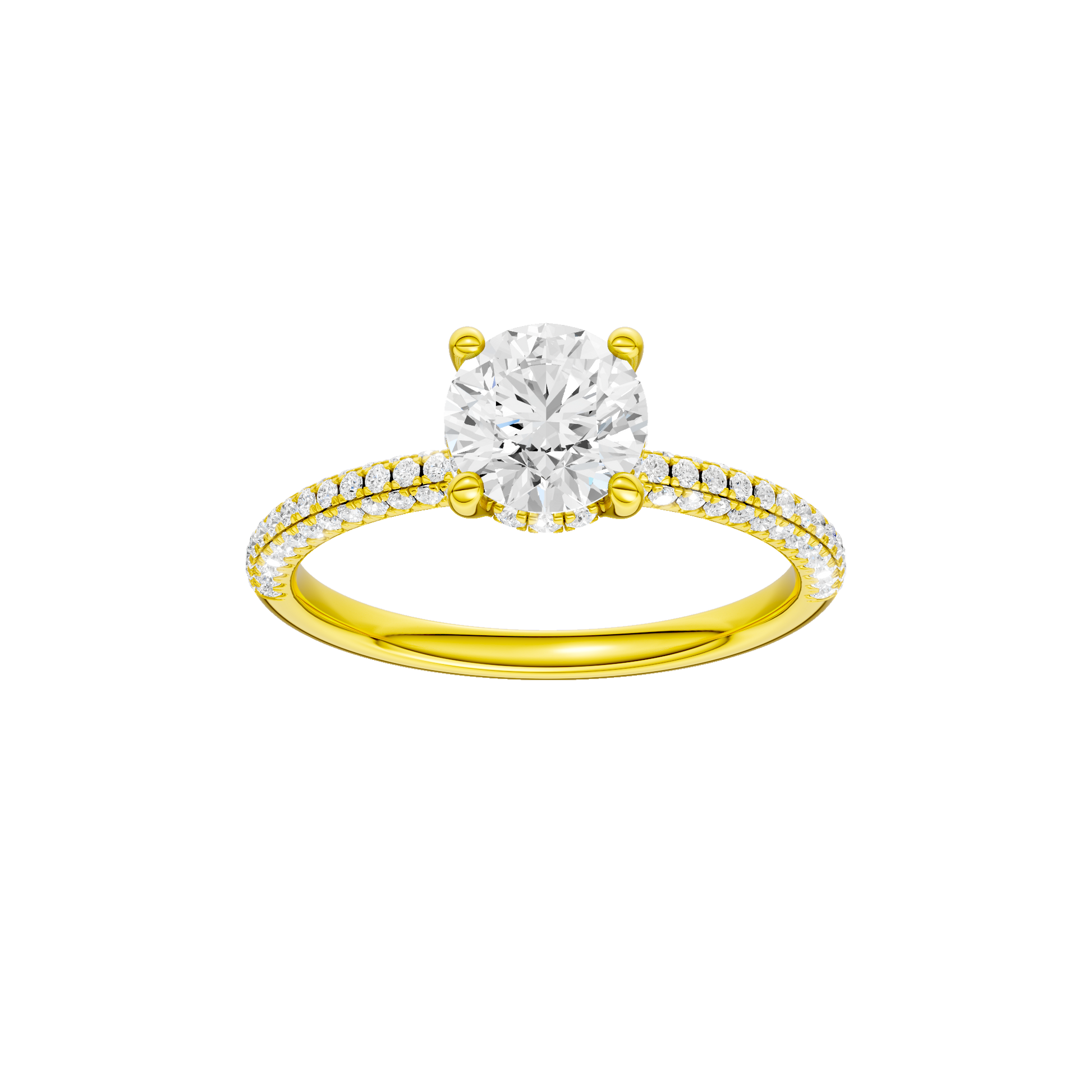 Round-cut diamond engagement ring with a pavé-set diamond band and hidden-halo setting.