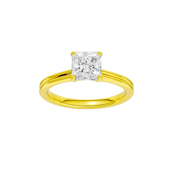 Princess-cut diamond engagement ring with a plain band and solitaire setting.