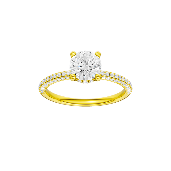 Round-cut diamond engagement ring with a pavé-set diamond band and hidden-halo setting.