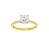 Round-cut diamond engagement ring with a pavé-set diamond band and hidden-halo setting.