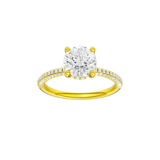 Round-cut diamond engagement ring with a pavé-set diamond band and hidden-halo setting.