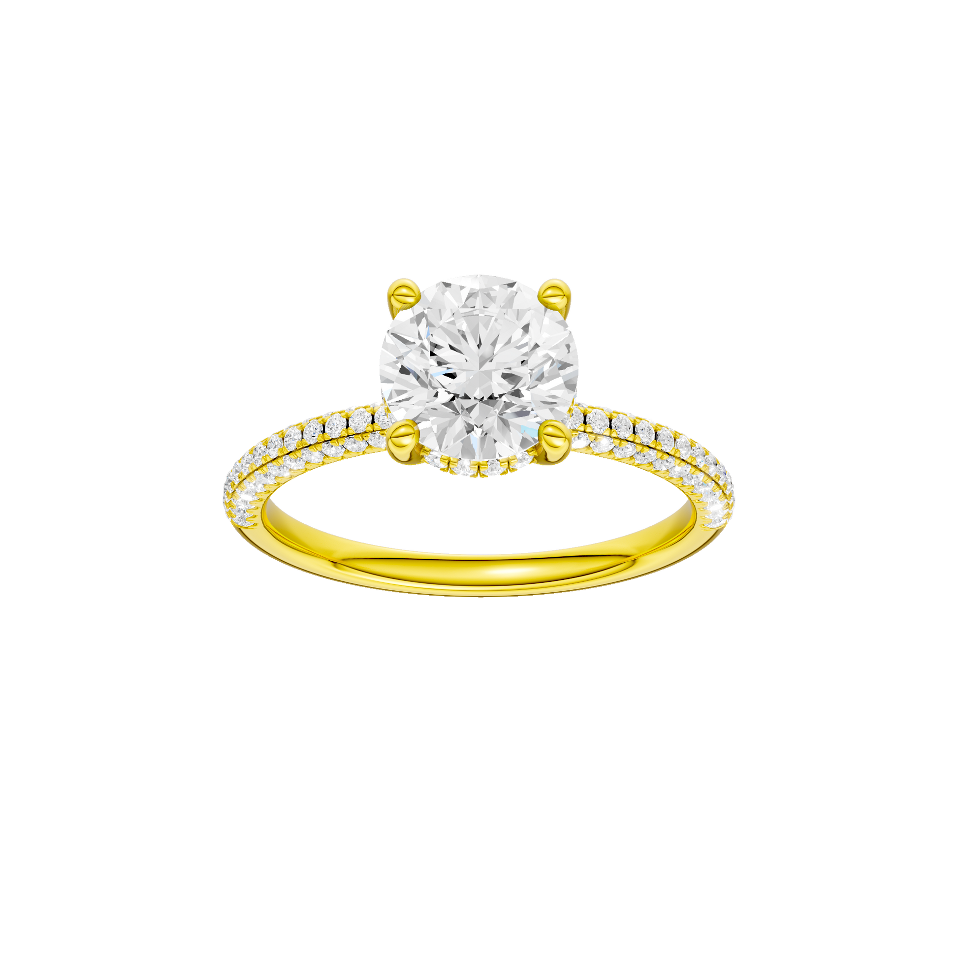 Round-cut diamond engagement ring with a pavé-set diamond band and hidden-halo setting.