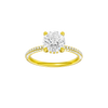 Round-cut diamond engagement ring with a pavé-set diamond band and hidden-halo setting.