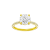 Round-cut diamond engagement ring with a pavé-set diamond band and hidden-halo setting.