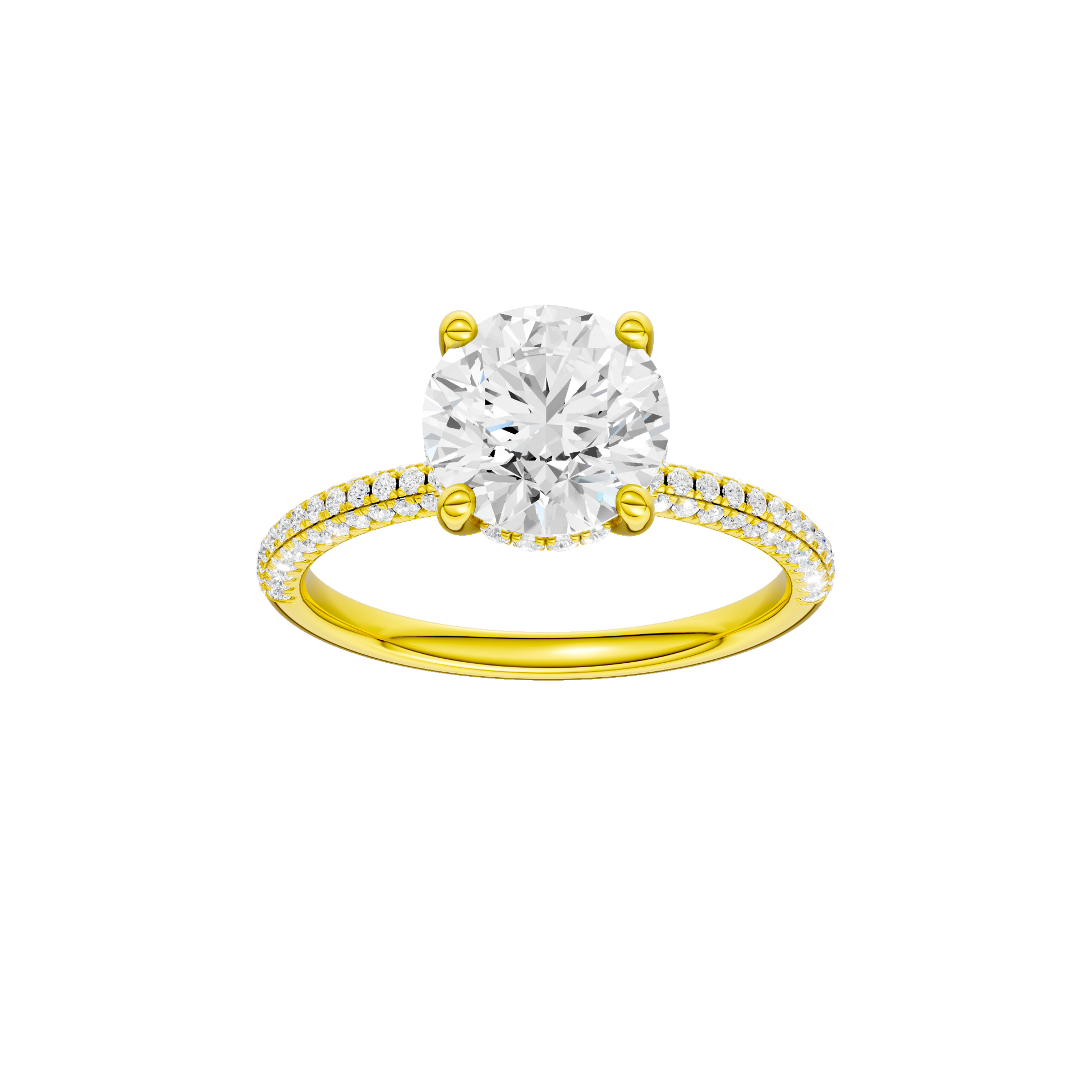 Round-cut diamond engagement ring with a pavé-set diamond band and hidden-halo setting.