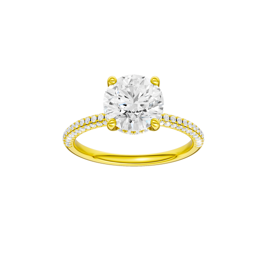 Round-cut diamond engagement ring with a pavé-set diamond band and hidden-halo setting.