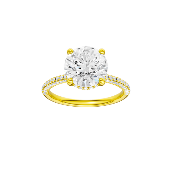 Round-cut diamond engagement ring with a pavé-set diamond band and hidden-halo setting.