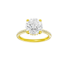Round-cut diamond engagement ring with a pavé-set diamond band and hidden-halo setting.