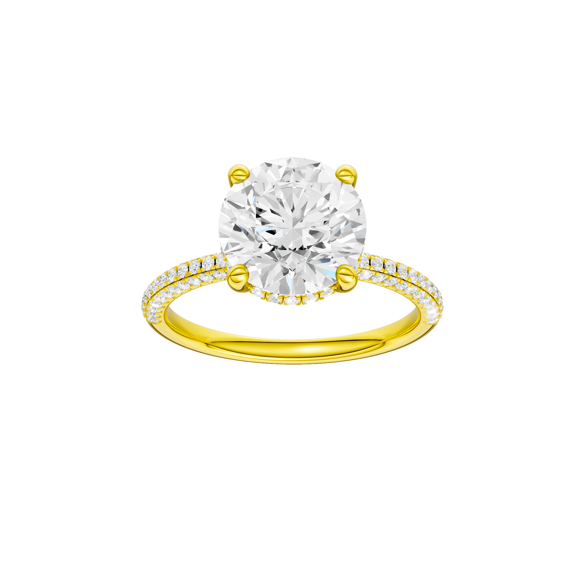 Round-cut diamond engagement ring with a pavé-set diamond band and hidden-halo setting.