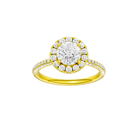 Round-cut diamond engagement ring with a pavé-set diamond band and halo setting.