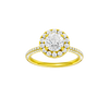 Round-cut diamond engagement ring with a pavé-set diamond band and halo setting.