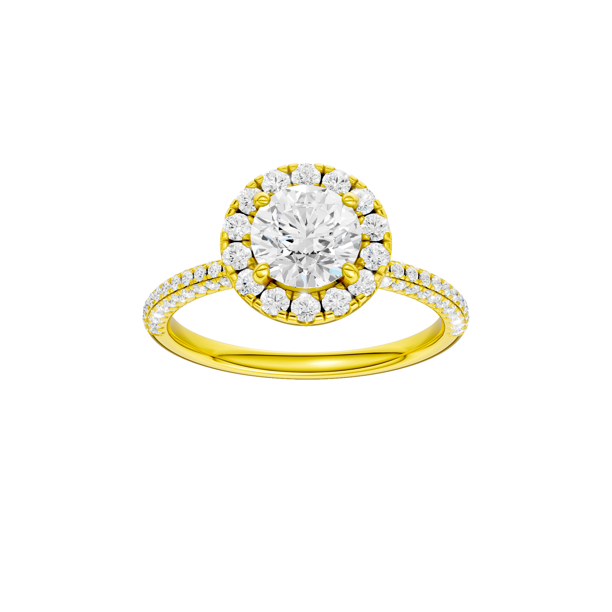 Round-cut diamond engagement ring with a pavé-set diamond band and halo setting.