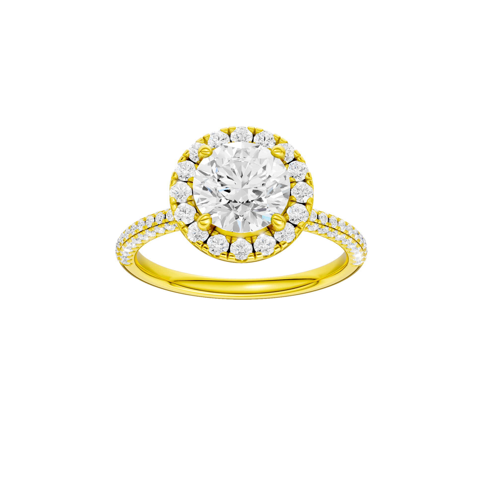 Round-cut diamond engagement ring with a pavé-set diamond band and halo setting.