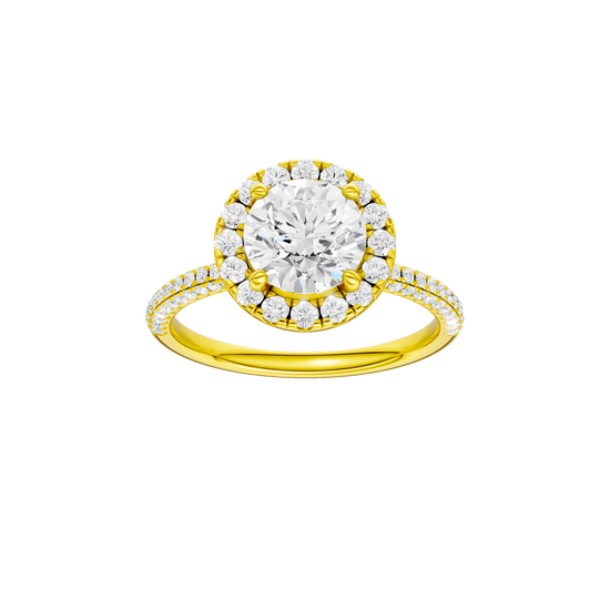 Round-cut diamond engagement ring with a pavé-set diamond band and halo setting.