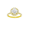 Round-cut diamond engagement ring with a pavé-set diamond band and halo setting.