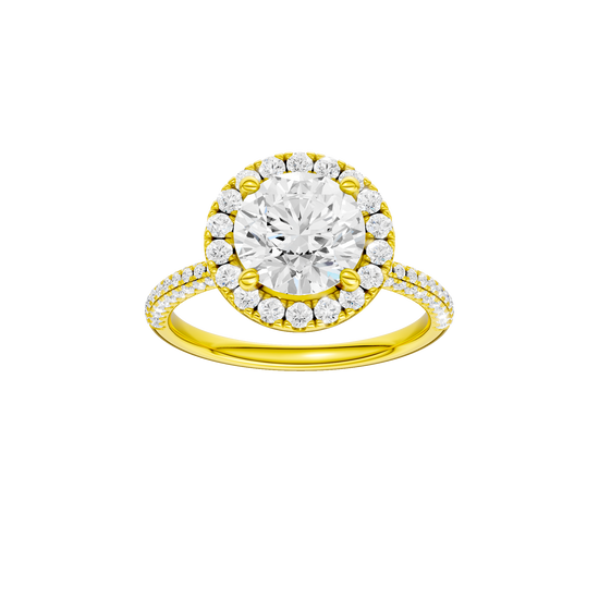 Round-cut diamond engagement ring with a pavé-set diamond band and halo setting.