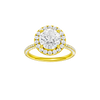 Round-cut diamond engagement ring with a pavé-set diamond band and halo setting.