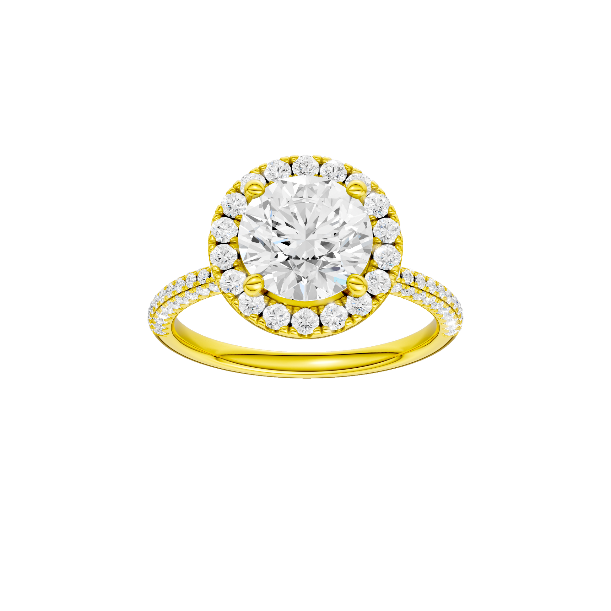 Round-cut diamond engagement ring with a pavé-set diamond band and halo setting.