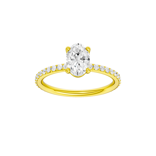 Oval-cut diamond engagement ring with a prong-set diamond band and solitaire setting.