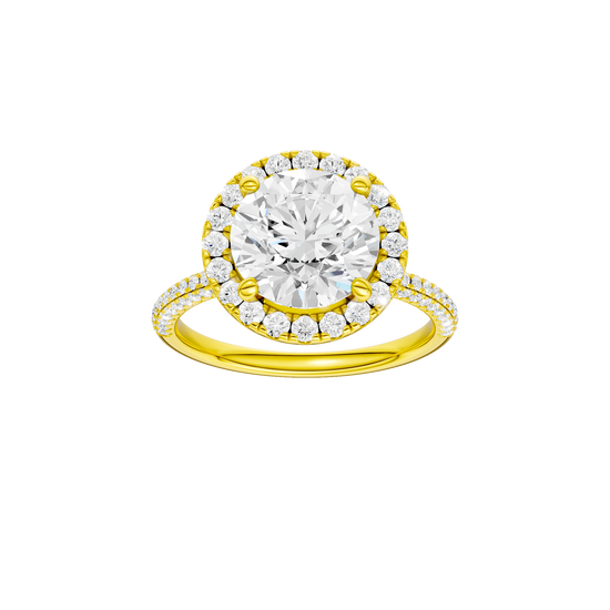 Round-cut diamond engagement ring with a pavé-set diamond band and halo setting.