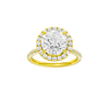 Round-cut diamond engagement ring with a pavé-set diamond band and halo setting.