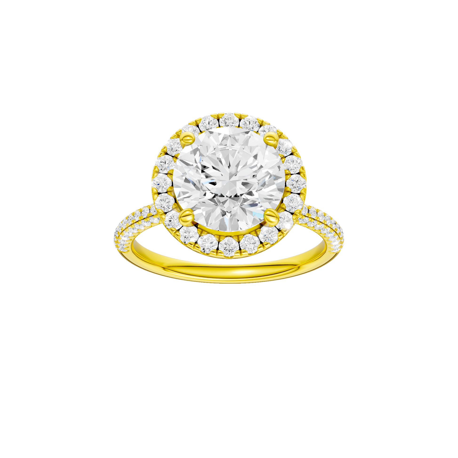 Round-cut diamond engagement ring with a pavé-set diamond band and halo setting.