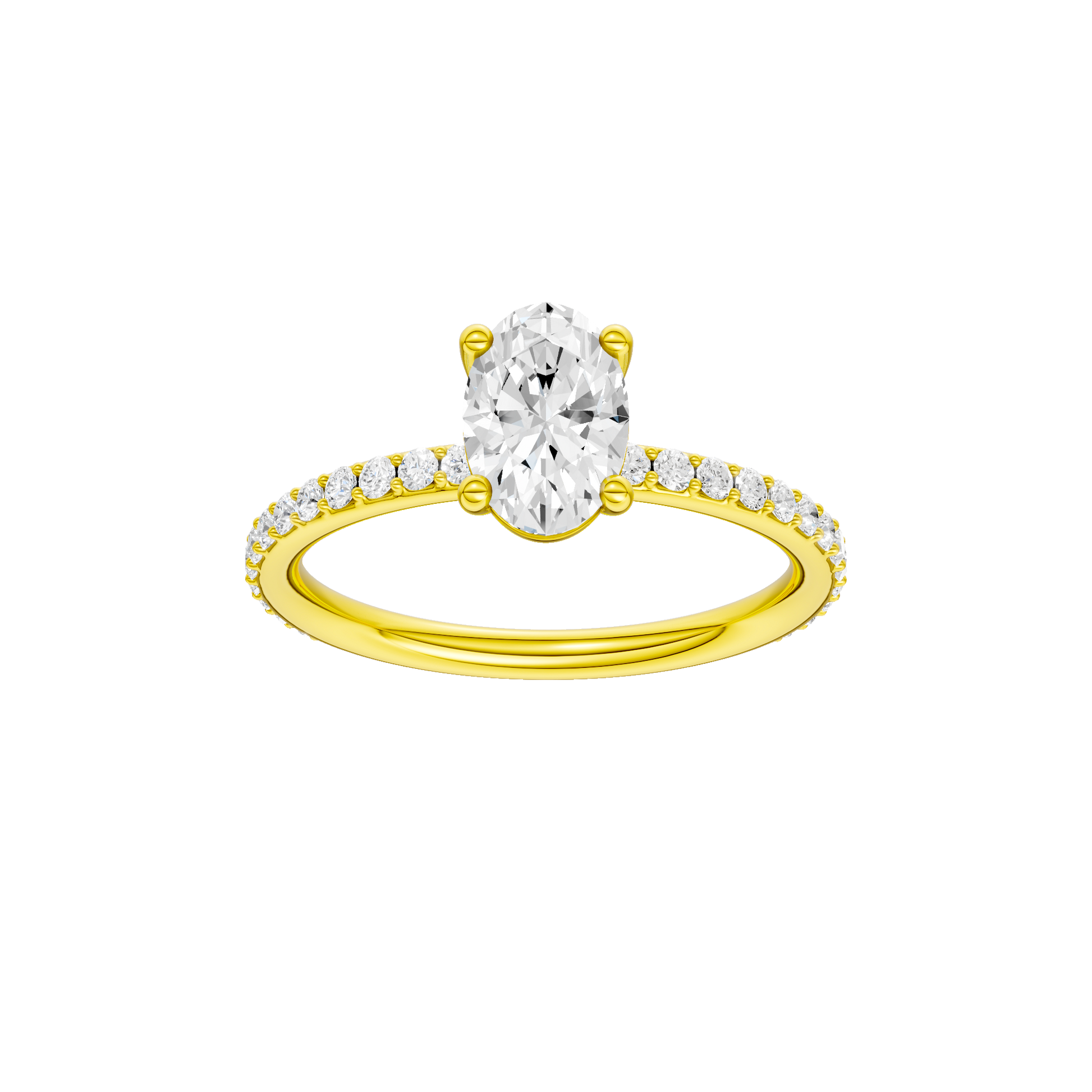 Oval-cut diamond engagement ring with a prong-set diamond band and solitaire setting.