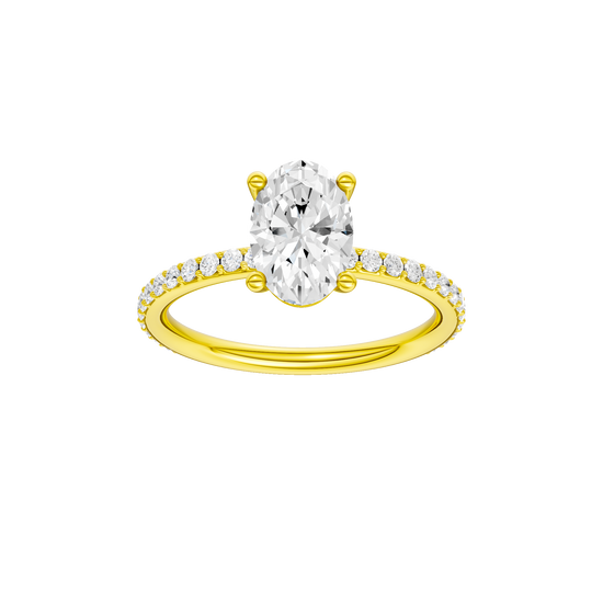 Oval-cut diamond engagement ring with a prong-set diamond band and solitaire setting.